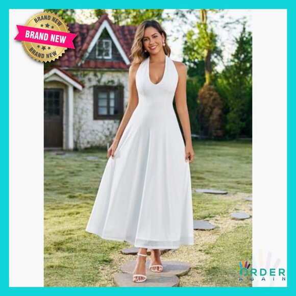 Elegant Floral Maxi Dress Halter V Neck Backless Formal Wedding Guest Wear - Picture 4 of 6